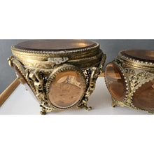 Load image into Gallery viewer, Antique Pair Of Brass Cherub With Amber Beveled Glass Hinged Jewelry Casket
