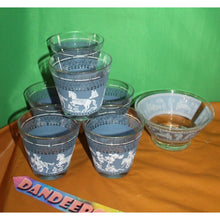 Load image into Gallery viewer, 7 Pc Pattern Hazel Atlas Arabian Knights Wegewood Cups And Bowl Blue White