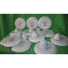 Load image into Gallery viewer, 24 Piece Blue Gray Wood Song Harkerware Dinner Snack Plates Cups Maple Leaf Set