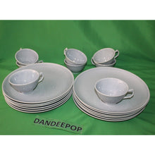 Load image into Gallery viewer, 24 Piece Blue Gray Wood Song Harkerware Dinner Snack Plates Cups Maple Leaf Set