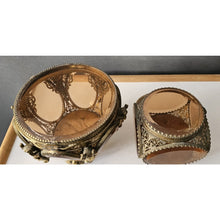 Load image into Gallery viewer, Antique Pair Of Brass Cherub With Amber Beveled Glass Hinged Jewelry Casket