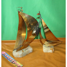 Load image into Gallery viewer, Vintage Pair Brass Metal Steel Onyx Sailboat Sculptures DeMott And Mario Jason