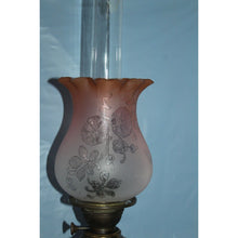 Load image into Gallery viewer, Antique Estate Kerosene Oil Lamp Three Feathers Germany Chimney Pink Globe Brass