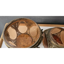 Load image into Gallery viewer, Antique Pair Of Brass Cherub With Amber Beveled Glass Hinged Jewelry Casket