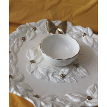 Load image into Gallery viewer, Vintage Magenta Rae Dunn White Poinsettia With Gold Bow And Accents Chip Dip