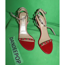 Load image into Gallery viewer, Valentino Garavani Gold Rockstud Red Calfskin Leather Sandal Heels Size 37