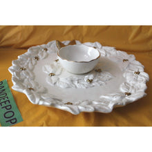 Load image into Gallery viewer, Vintage Magenta Rae Dunn White Poinsettia With Gold Bow And Accents Chip Dip