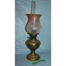 Load image into Gallery viewer, Antique Estate Kerosene Oil Lamp Three Feathers Germany Chimney Pink Globe Brass