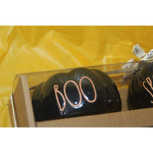 Load image into Gallery viewer, Rae Dunn Boo Spooky Haunted 3 Pc Pumpkin Black Ceramic Luster Candle Holders