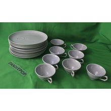 Load image into Gallery viewer, 24 Piece Blue Gray Wood Song Harkerware Dinner Snack Plates Cups Maple Leaf Set