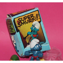 Load image into Gallery viewer, Vintage Schleich Peyo Super Smurf Windsurfer With Box Lucky Shamrock 1980's ++
