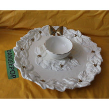 Load image into Gallery viewer, Vintage Magenta Rae Dunn White Poinsettia With Gold Bow And Accents Chip Dip