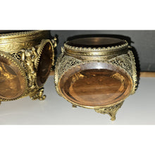 Load image into Gallery viewer, Antique Pair Of Brass Cherub With Amber Beveled Glass Hinged Jewelry Casket