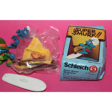Load image into Gallery viewer, Vintage Schleich Peyo Super Smurf Windsurfer With Box Lucky Shamrock 1980's ++
