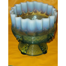 Load image into Gallery viewer, Vintage Northwood Button Panel Blue Opalescent Crimped Top Glass Candy Dish