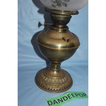 Load image into Gallery viewer, Antique Estate Kerosene Oil Lamp Three Feathers Germany Chimney Pink Globe Brass