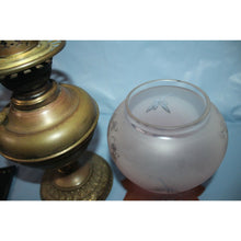 Load image into Gallery viewer, Antique Estate Kerosene Oil Lamp Three Feathers Germany Chimney Pink Globe Brass