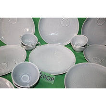 Load image into Gallery viewer, 24 Piece Blue Gray Wood Song Harkerware Dinner Snack Plates Cups Maple Leaf Set