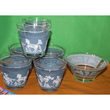 Load image into Gallery viewer, 7 Pc Pattern Hazel Atlas Arabian Knights Wegewood Cups And Bowl Blue White