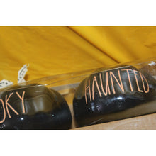 Load image into Gallery viewer, Rae Dunn Boo Spooky Haunted 3 Pc Pumpkin Black Ceramic Luster Candle Holders