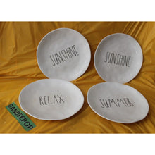 Load image into Gallery viewer, 4 Piece Rae Dunn Melamine Magenta Sunshine Relax Summer 10" White Dinner Plates