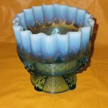 Load image into Gallery viewer, Vintage Northwood Button Panel Blue Opalescent Crimped Top Glass Candy Dish