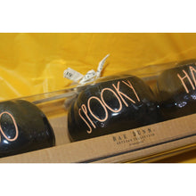 Load image into Gallery viewer, Rae Dunn Boo Spooky Haunted 3 Pc Pumpkin Black Ceramic Luster Candle Holders
