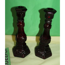 Load image into Gallery viewer, Ruby Red Glass Avon Cape Cod 1876 Pair Of Charisma Cologne Candlesticks Empty