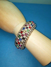 Load image into Gallery viewer, Gold Tone With Jewel Tone Crystals Open Grate Magnetic Chunky Bangle Bracelet