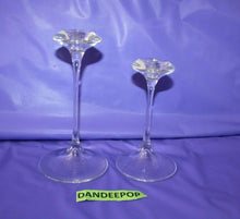 Load image into Gallery viewer, Pair Of Glass Elegant Skinny Stem Pedestal Graduated Taper Candle Holders