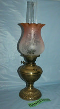 Load image into Gallery viewer, Antique Estate Kerosene Oil Lamp Three Feathers Germany Chimney Pink Globe Brass