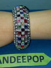 Load image into Gallery viewer, Silver Tone With Jewel Tone Crystals Open Grate Magnetic Chunky Bangle Bracelet