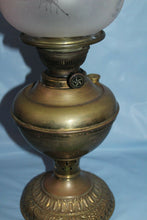 Load image into Gallery viewer, Antique Estate Kerosene Oil Lamp Three Feathers Germany Chimney Pink Globe Brass
