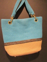 Load image into Gallery viewer, OKPTA Tan & Blue Paper Straw Tote Bag Handbag