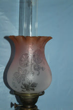 Load image into Gallery viewer, Antique Estate Kerosene Oil Lamp Three Feathers Germany Chimney Pink Globe Brass