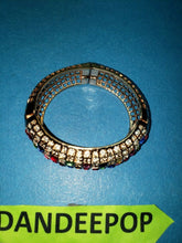 Load image into Gallery viewer, Gold Tone With Jewel Tone Crystals Open Grate Magnetic Chunky Bangle Bracelet
