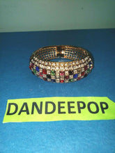 Load image into Gallery viewer, Gold Tone With Jewel Tone Crystals Open Grate Magnetic Chunky Bangle Bracelet