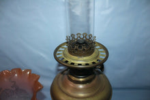 Load image into Gallery viewer, Antique Estate Kerosene Oil Lamp Three Feathers Germany Chimney Pink Globe Brass