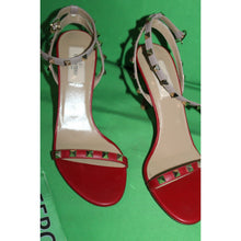 Load image into Gallery viewer, Valentino Garavani Gold Rockstud Red Calfskin Leather Sandal Heels Size 37
