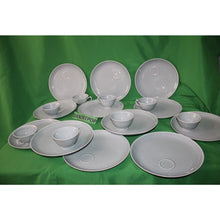 Load image into Gallery viewer, 24 Piece Blue Gray Wood Song Harkerware Dinner Snack Plates Cups Maple Leaf Set
