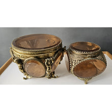 Load image into Gallery viewer, Antique Pair Of Brass Cherub With Amber Beveled Glass Hinged Jewelry Casket

