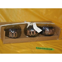 Load image into Gallery viewer, Rae Dunn Boo Spooky Haunted 3 Pc Pumpkin Black Ceramic Luster Candle Holders
