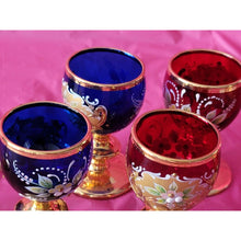 Load image into Gallery viewer, 8 Piece Blue Red Gold Enamel Floral Embellished Brandy Snifters Cordial Glasses
