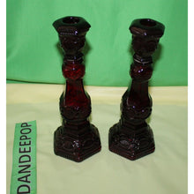 Load image into Gallery viewer, Ruby Red Glass Avon Cape Cod 1876 Pair Of Charisma Cologne Candlesticks Empty

