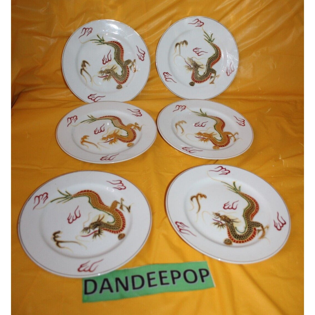 6 Piece Antique Japanese Dragon Meikei China Painted Plates With Gold Trim