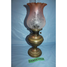 Load image into Gallery viewer, Antique Estate Kerosene Oil Lamp Three Feathers Germany Chimney Pink Globe Brass
