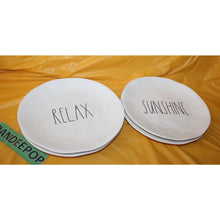 Load image into Gallery viewer, 4 Piece Rae Dunn Melamine Magenta Sunshine Relax Summer 10&quot; White Dinner Plates
