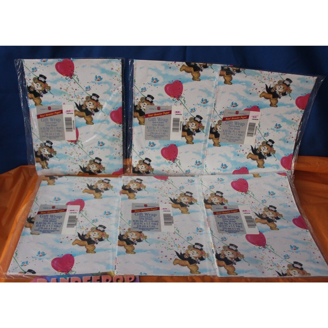 American Greetings Dancing Tuxedo Teddy Bear Hearts Pattern Gift Wrap 6 Packs