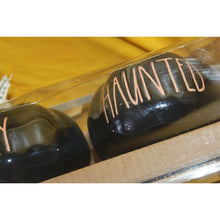 Load image into Gallery viewer, Rae Dunn Boo Spooky Haunted 3 Pc Pumpkin Black Ceramic Luster Candle Holders
