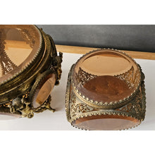 Load image into Gallery viewer, Antique Pair Of Brass Cherub With Amber Beveled Glass Hinged Jewelry Casket
